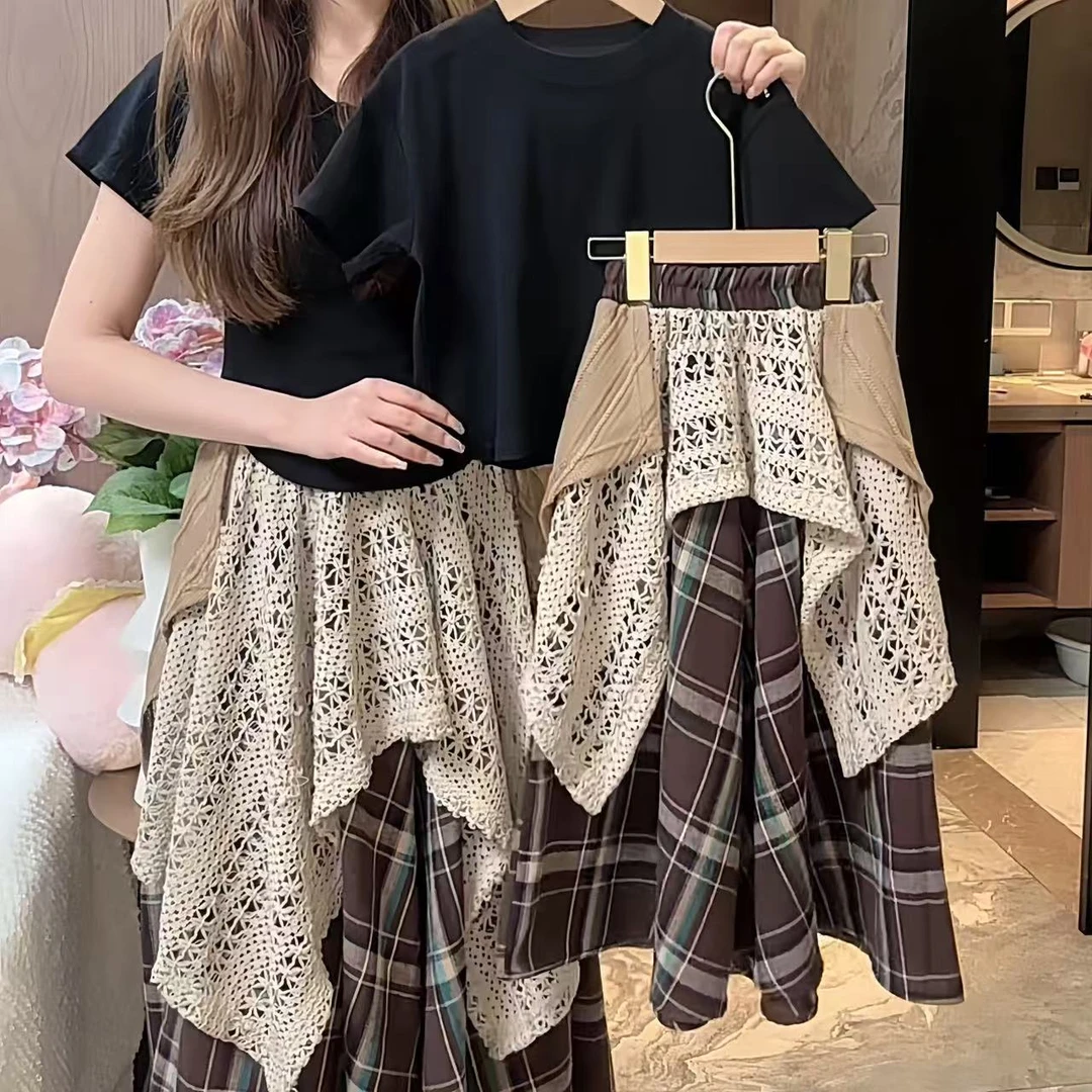 CSC2089女大童夏季套装2025新款T恤不规则半身裙打底衫两件套潮