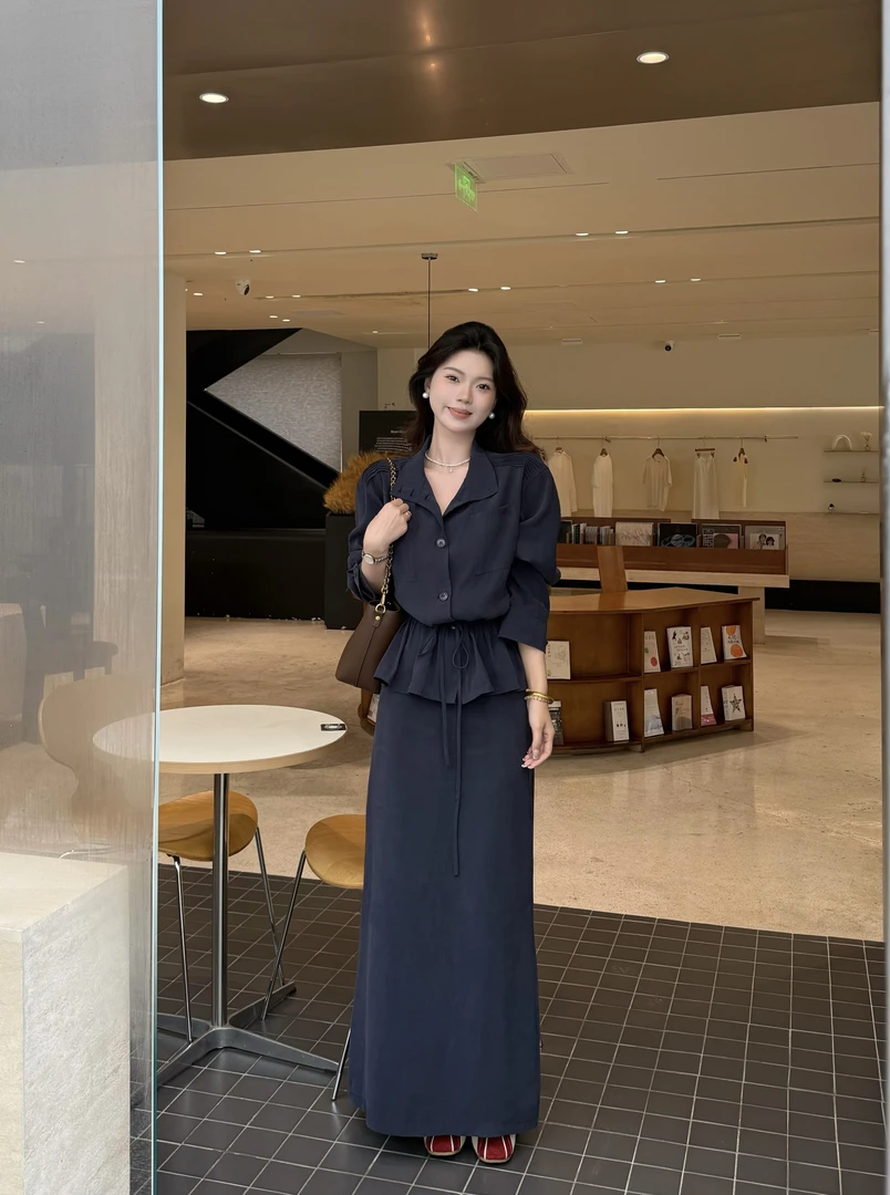 【晴空琉璃】老钱风长袖抽绳收腰衬衫套装女休闲A字半身长裙两件套