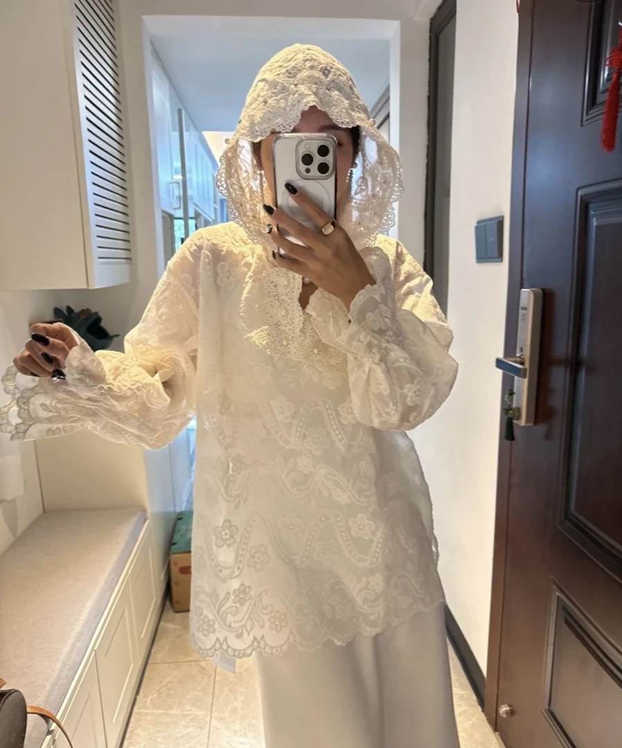 H2463#拼接常规连帽长袖衬衫亮片蕾丝夏季春秋女士大码薄款