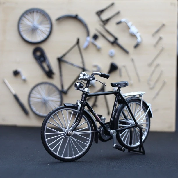 经典复古拼装二八大杠合金自行车模型静态摆件可滑行转向联动链条