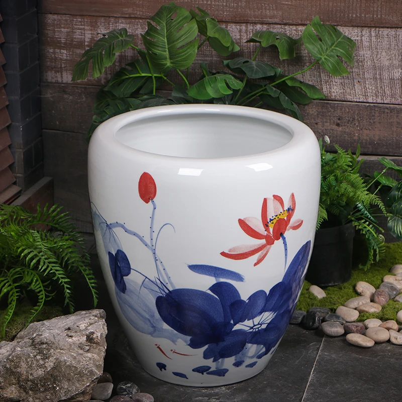 景德镇陶瓷养鱼缸大号庭院荷花水缸客厅书房摆件书画卷轴缸加高款