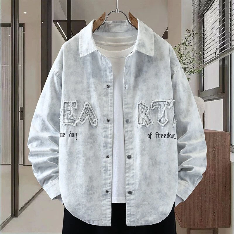 渐变色长袖衬衫新款休闲潮流青少年牛仔外套扎染夏季衬衣外套