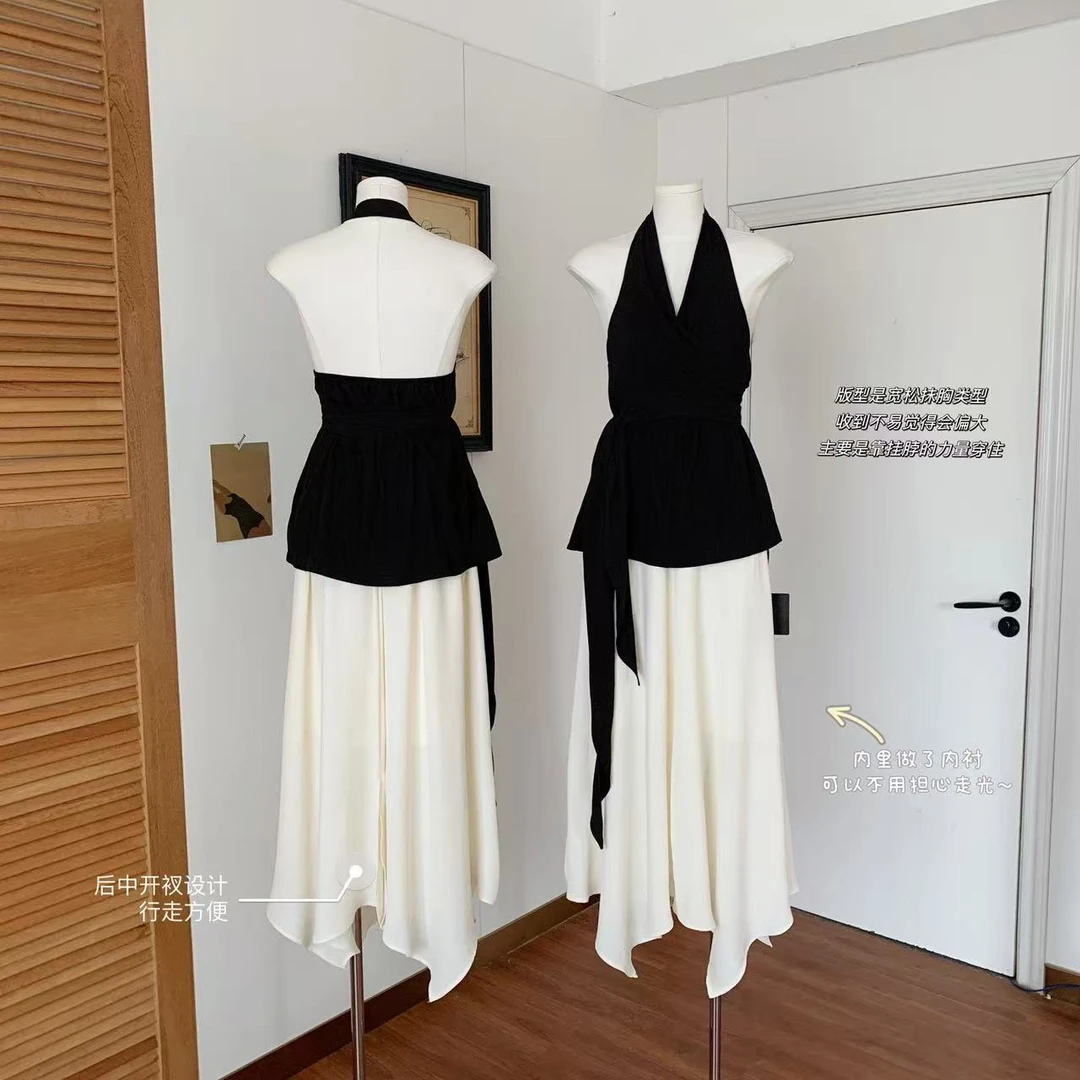 法式V领仿铜氨丝无袖衬衫夏季挂脖系带上衣+杏色半裙