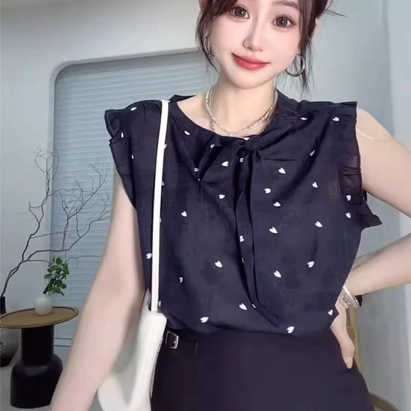 韩版设计感木耳边拼接衬衫女夏季新款薄款爱心蝴蝶结别致漂亮上衣