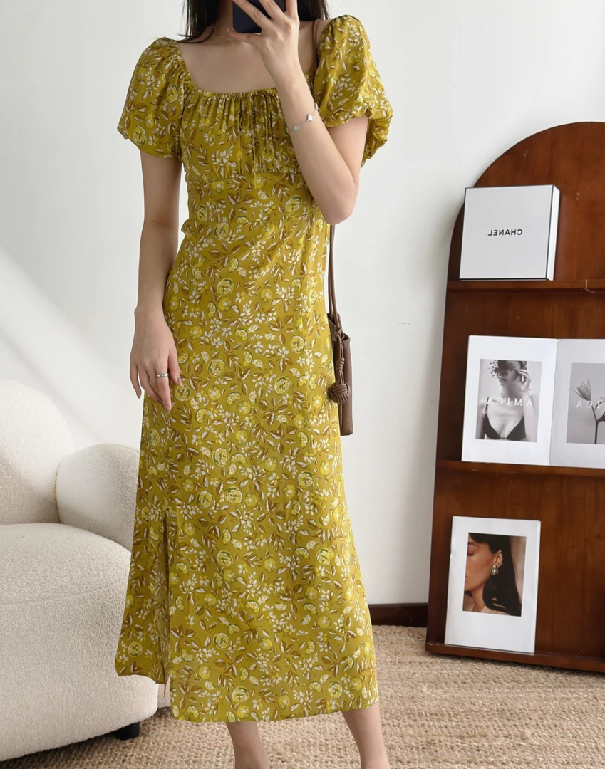 夏日柠檬清新法式兜袖连衣裙--KDL0801