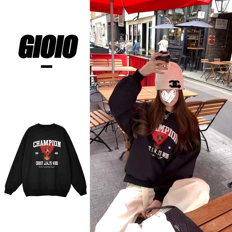 秋冬潮流百搭宽松休闲圆领套头长袖两色印花情侣加绒卫衣