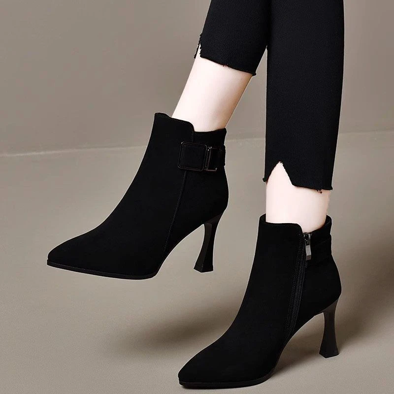 2024新款冬季磨真皮高跟短靴女细跟不累加绒女鞋绒面皮鞋细跟踝靴