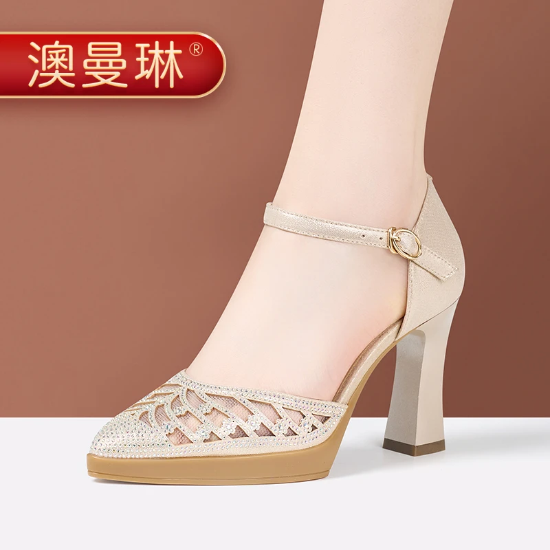 澳曼琳金色婚鞋跳舞演出鞋新款高跟一字扣网纱水钻镂空中空凉鞋女