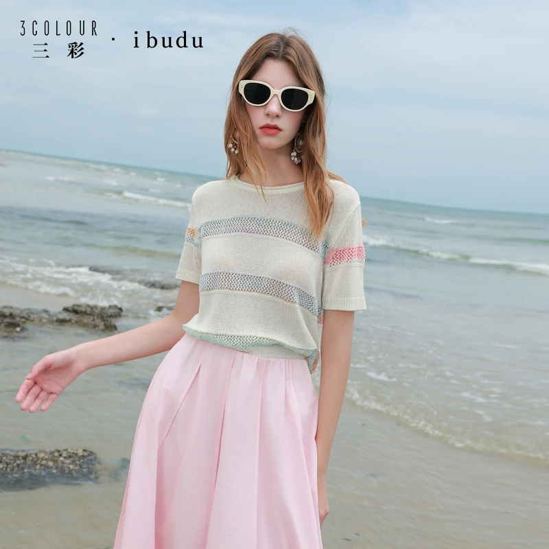 三彩ibudu2025秋季新款条纹针织衫肌理感短袖毛衫短款女