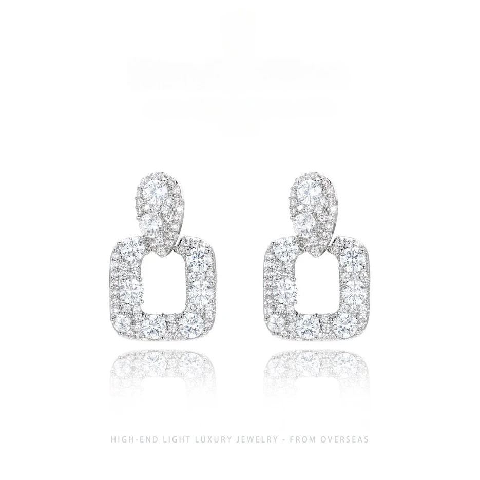 铜合金耳饰 法式方口小吊坠高定款 银色超闪锆石满镶轻奢复古耳饰