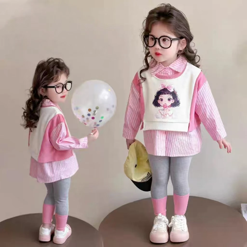 52056女童假两件条纹套装儿童春季洋气薄款时髦两件套春秋装潮