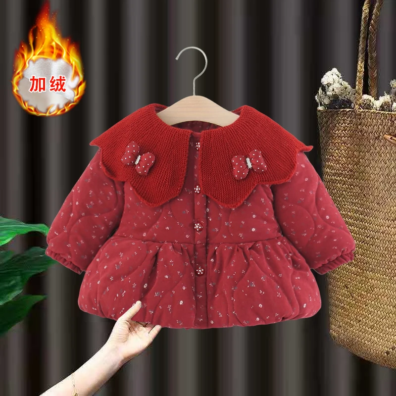 女童棉服冬季加绒加厚外套洋气新款婴儿女宝宝周岁棉袄红色拜年服