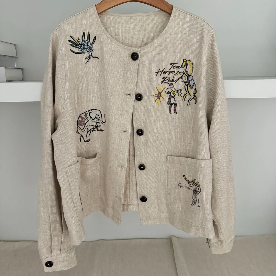 【米兰游记】亚麻苎麻小众刺绣时尚气质圆领短款外套女上衣