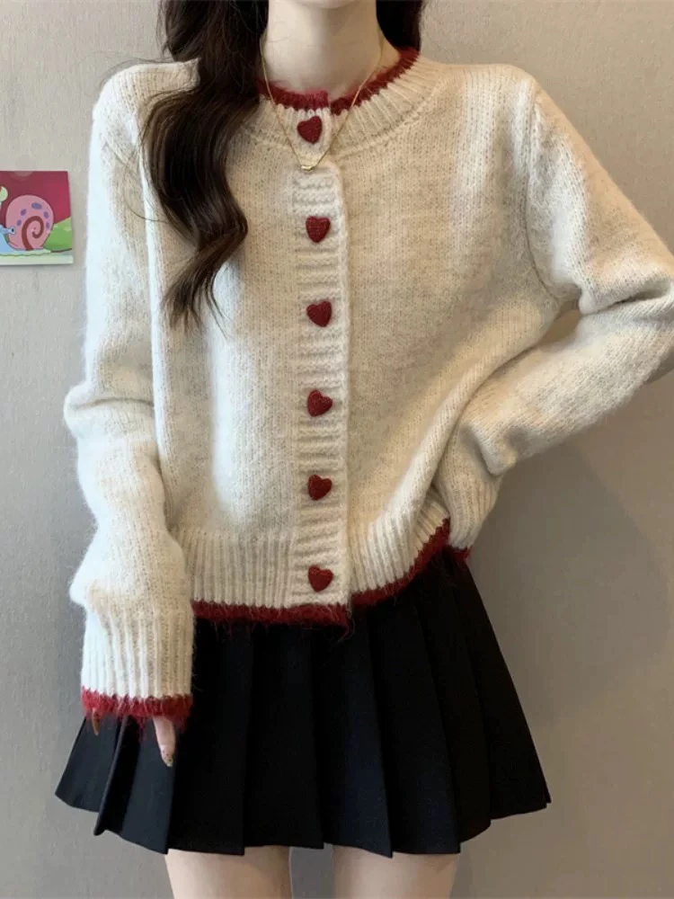 设计感拼色爱心纽扣毛衣开衫外套女秋冬季慵懒风宽松软糯针织上衣