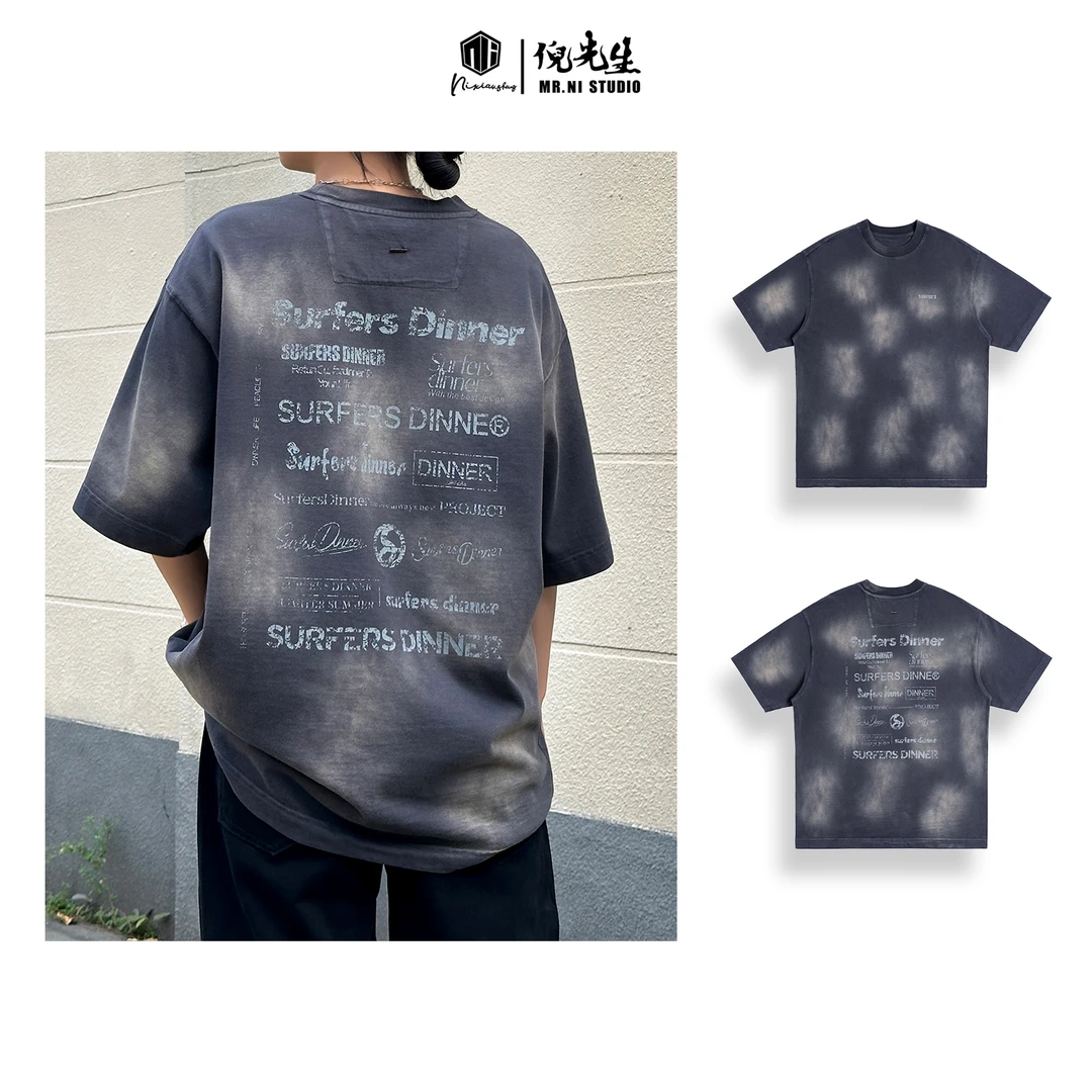MR.NI/倪先生「废柴Chic」可持续复古做旧斑驳反印logo设计短袖T恤