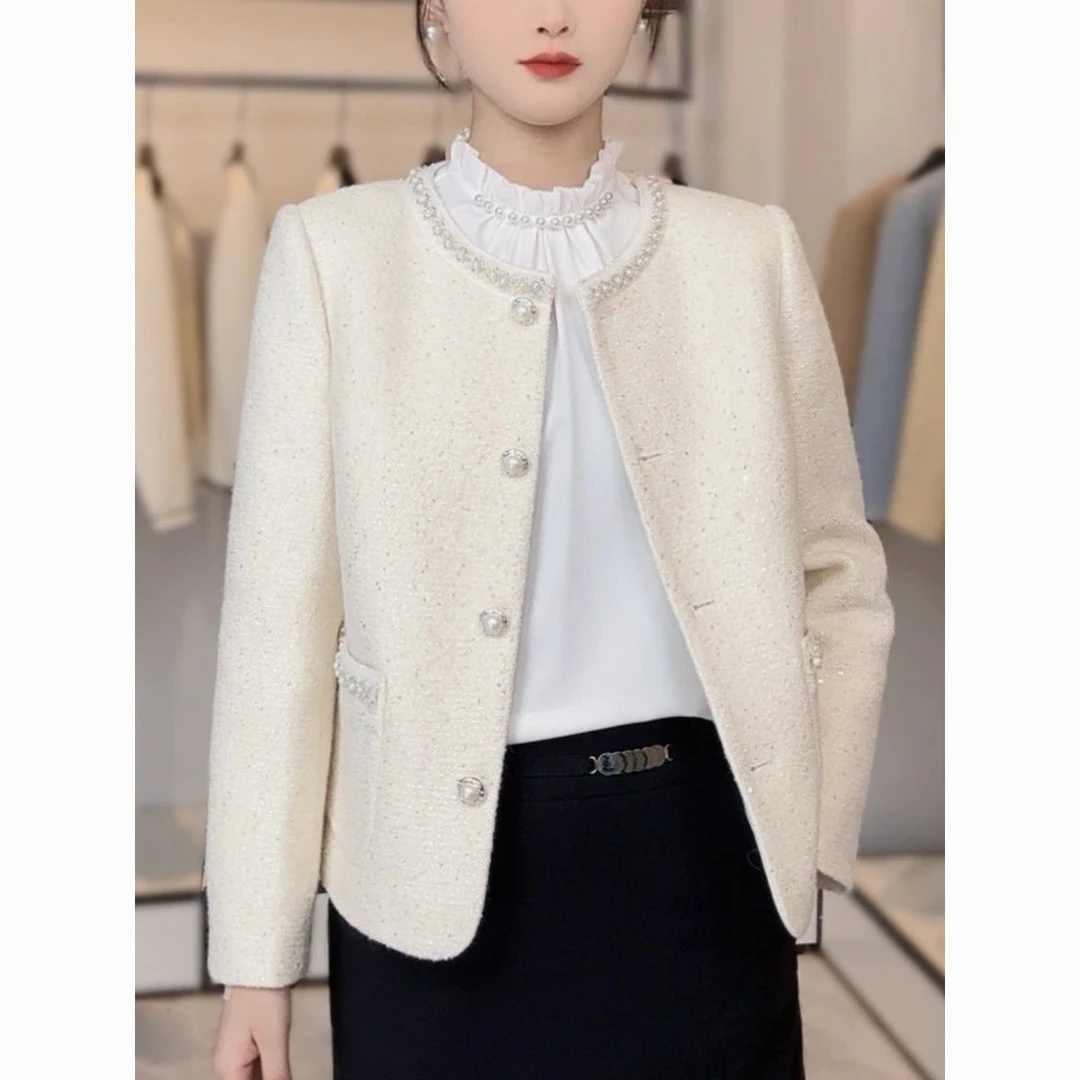 法式钉珠香风外套女2025新款气质名媛小个子圆领手工珍珠轻奢上衣