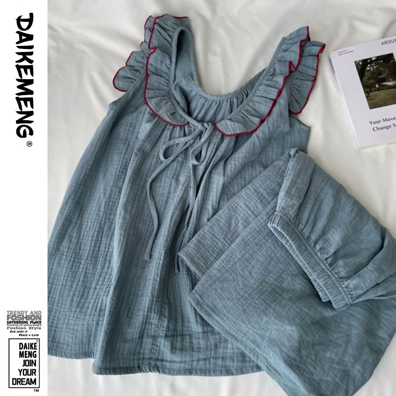 设计感复古蓝夏季薄款背心睡衣套装女士时尚飞飞袖甜美舒适家居服