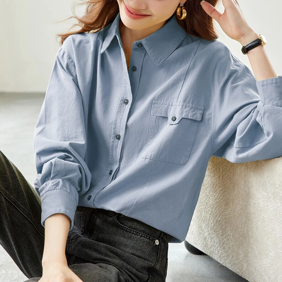磨毛内搭蓝色衬衫女长袖叠穿翻领设计感小众上衣秋季纯棉打底衬衣