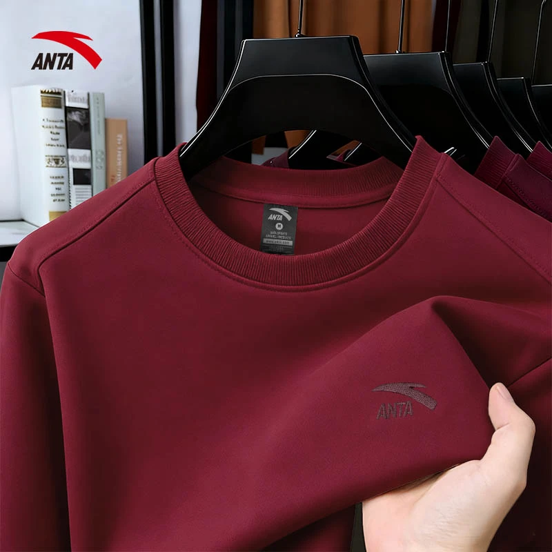 安踏卫衣男士打底衫冬季新款官方正品百搭红色套头衫运动圆领长袖