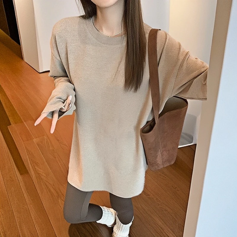 HONG JIA LIN/虹嘉琳慵懒风纯色圆领T恤秋冬德绒宽松大码显瘦上衣