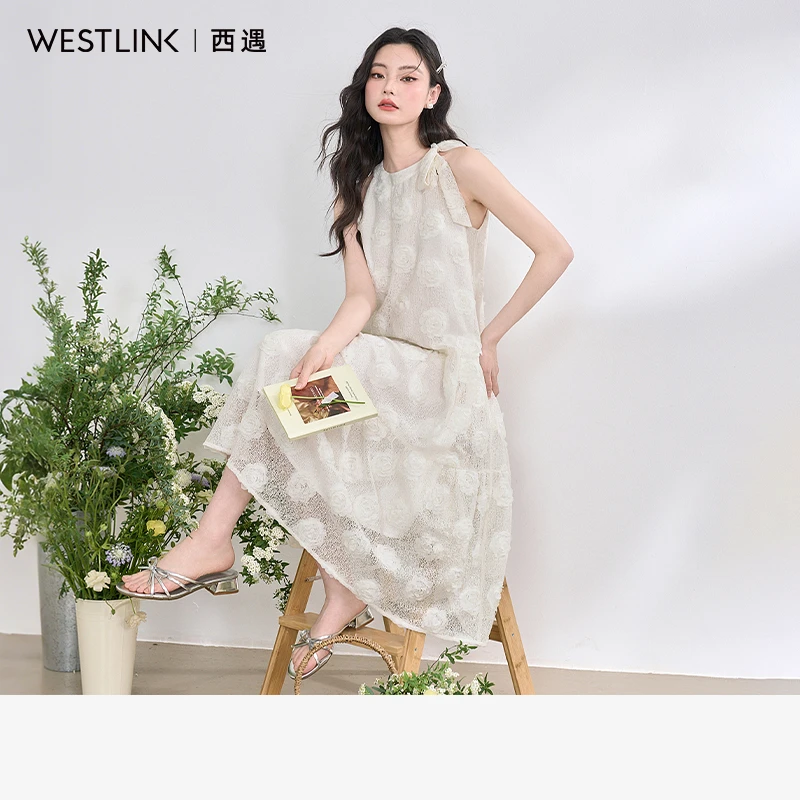 优雅重工满幅立体玫瑰连衣裙女2025春季挂脖露肩系带A字长裙