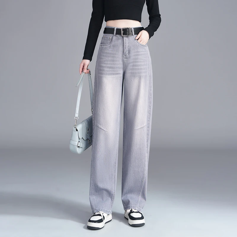 正品高端2025弯刀显瘦牛仔裤女春秋新款时尚烟灰色高腰宽松阔腿裤