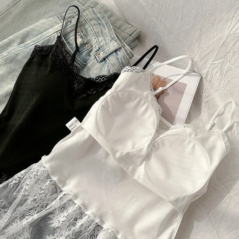 白色V领蕾丝吊带背心女春秋内搭下摆荷叶边拼接网纱绝美无袖上衣