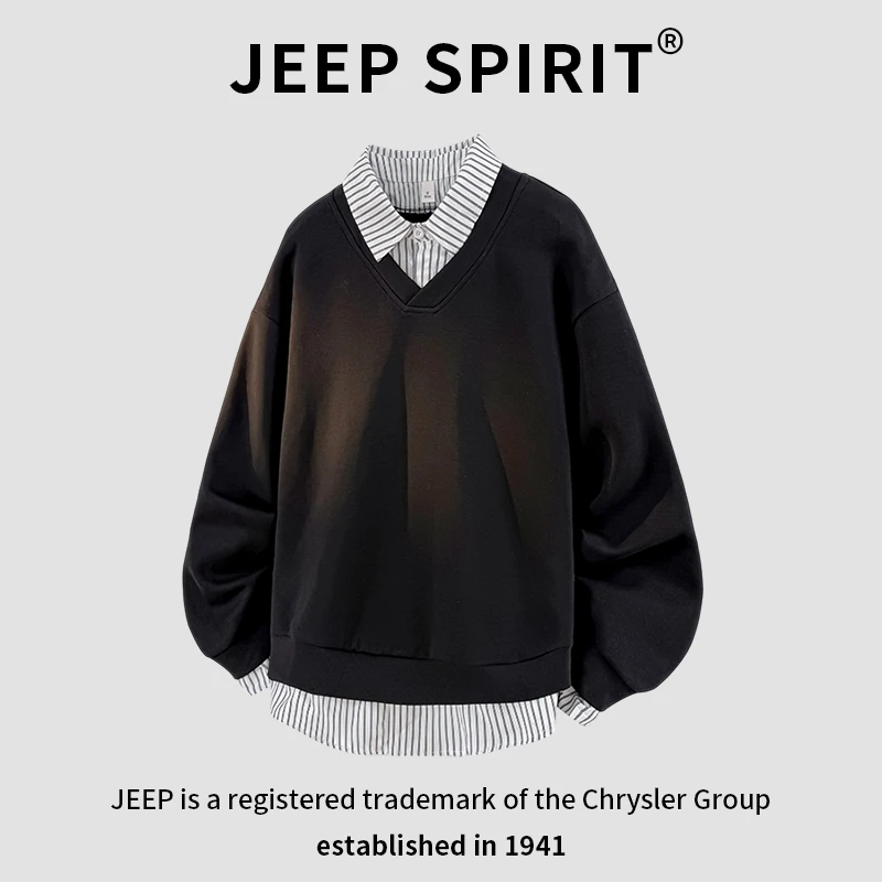 JEEPSPIRIT吉普港风拼接上衣休闲圆领拼色假两件长袖卫衣男春秋季