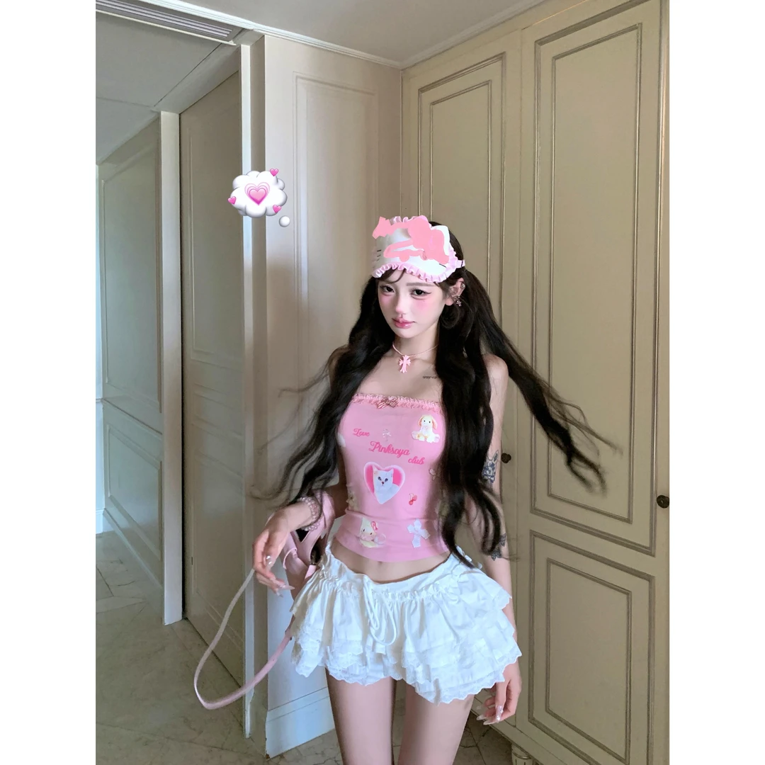 Pinksoya 少女曼调 蕾丝猫猫印花抹胸背心女夏季修身显瘦短款上衣