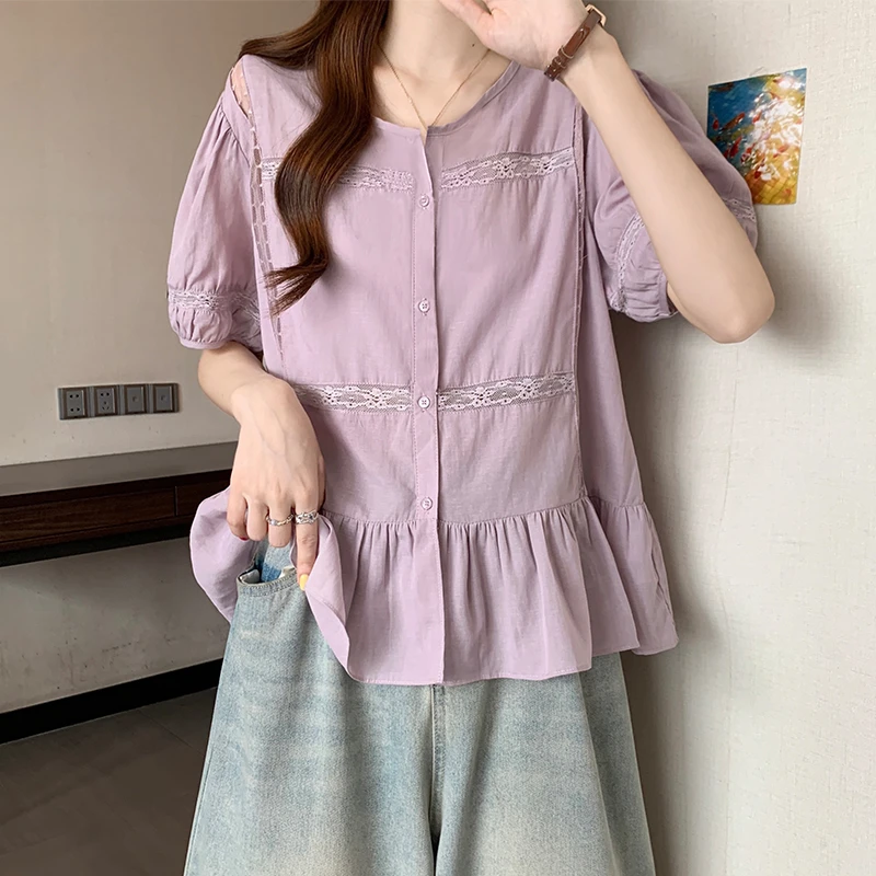 香朵儿法式时尚泡泡袖衬衫女2025年夏季新款洋气时髦百搭粉色上衣