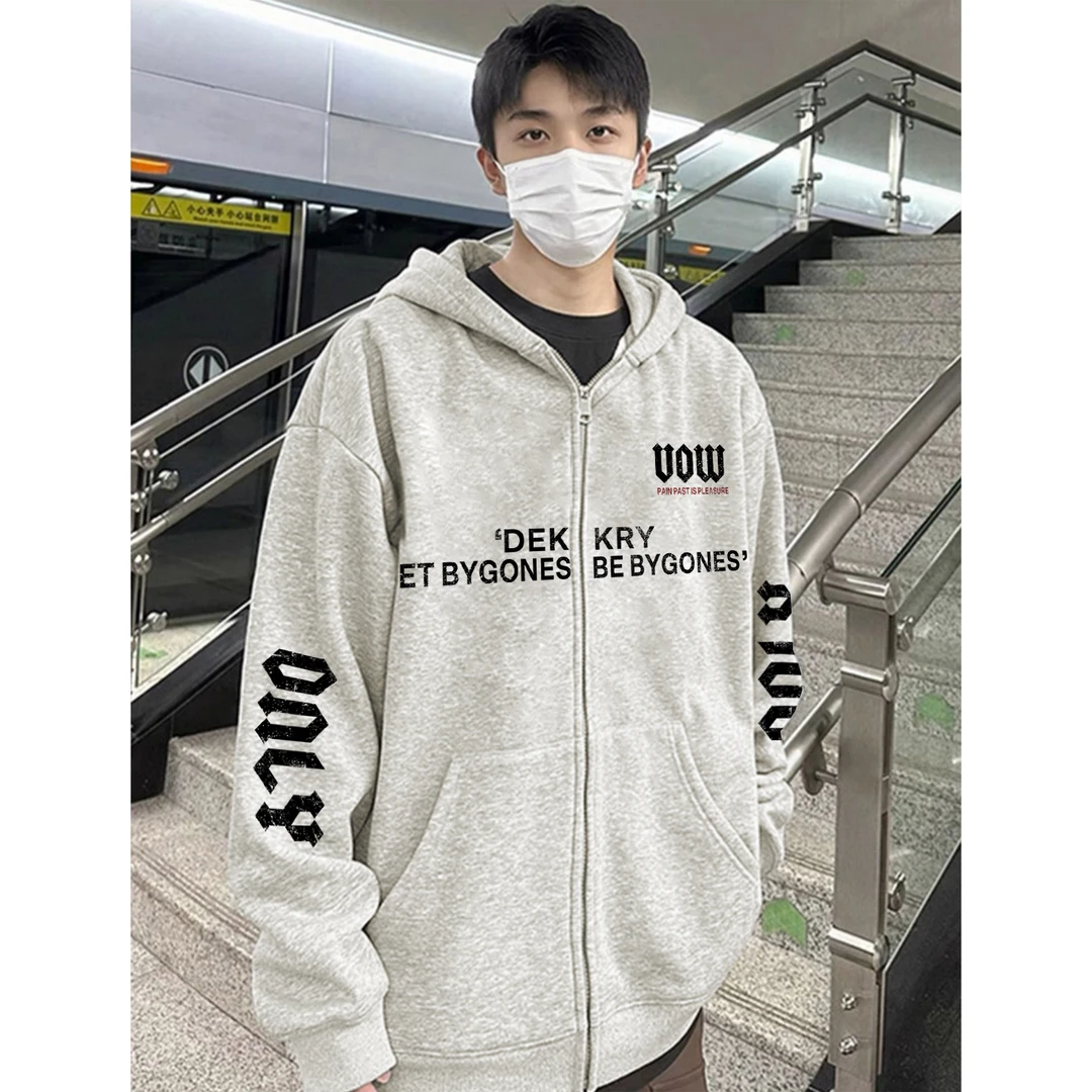 美式潮牌设计感字母印花开衫连帽卫衣男女秋冬季休闲拉链情侣外套