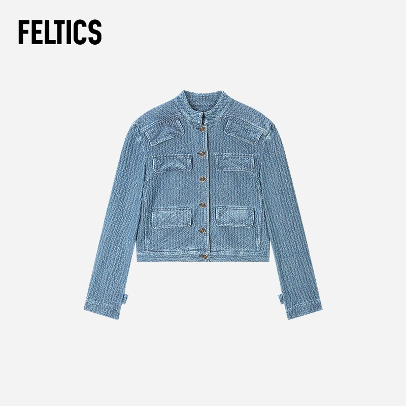 FELTICS小香风肌理感蓝色牛仔外套女秋季韩系高级感立领夹克上衣