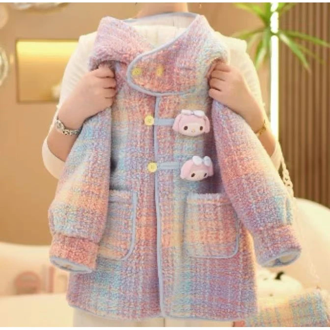 【加绒zb】24冬季新款儿童韩版洋气休闲连帽加厚彩色毛呢美乐蒂外套