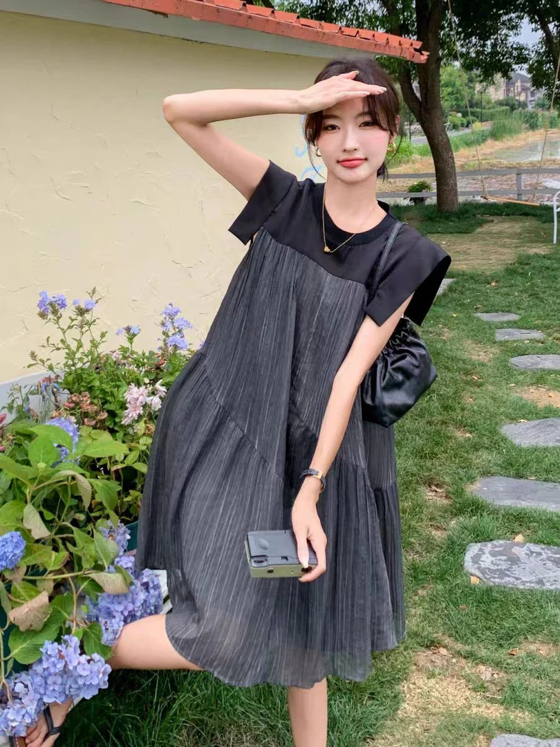 【雪儿】65001-设计感拼接无袖连衣裙夏季韩版气质宽松休闲A字裙