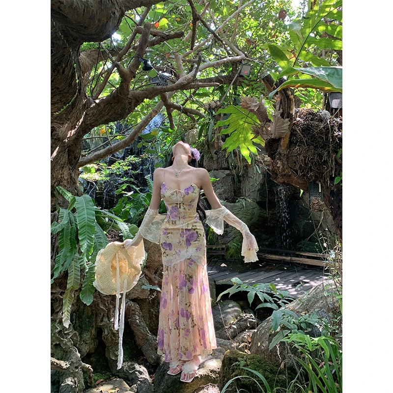 Barb Chill【夜雨紫藤】法式双边花边蕾丝收腰吊带长裙+开衫