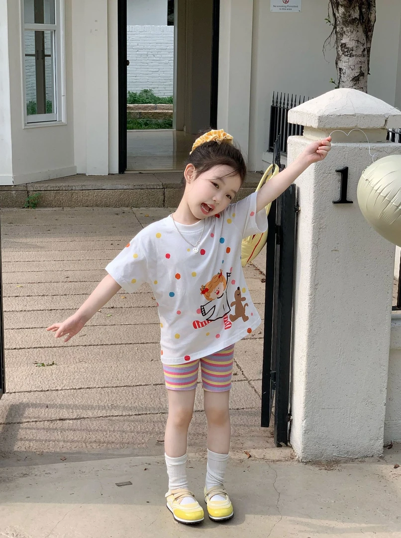 大橙子Studio女童彩色波点T恤2025夏季款韩版女宝卡通骑行裤套装