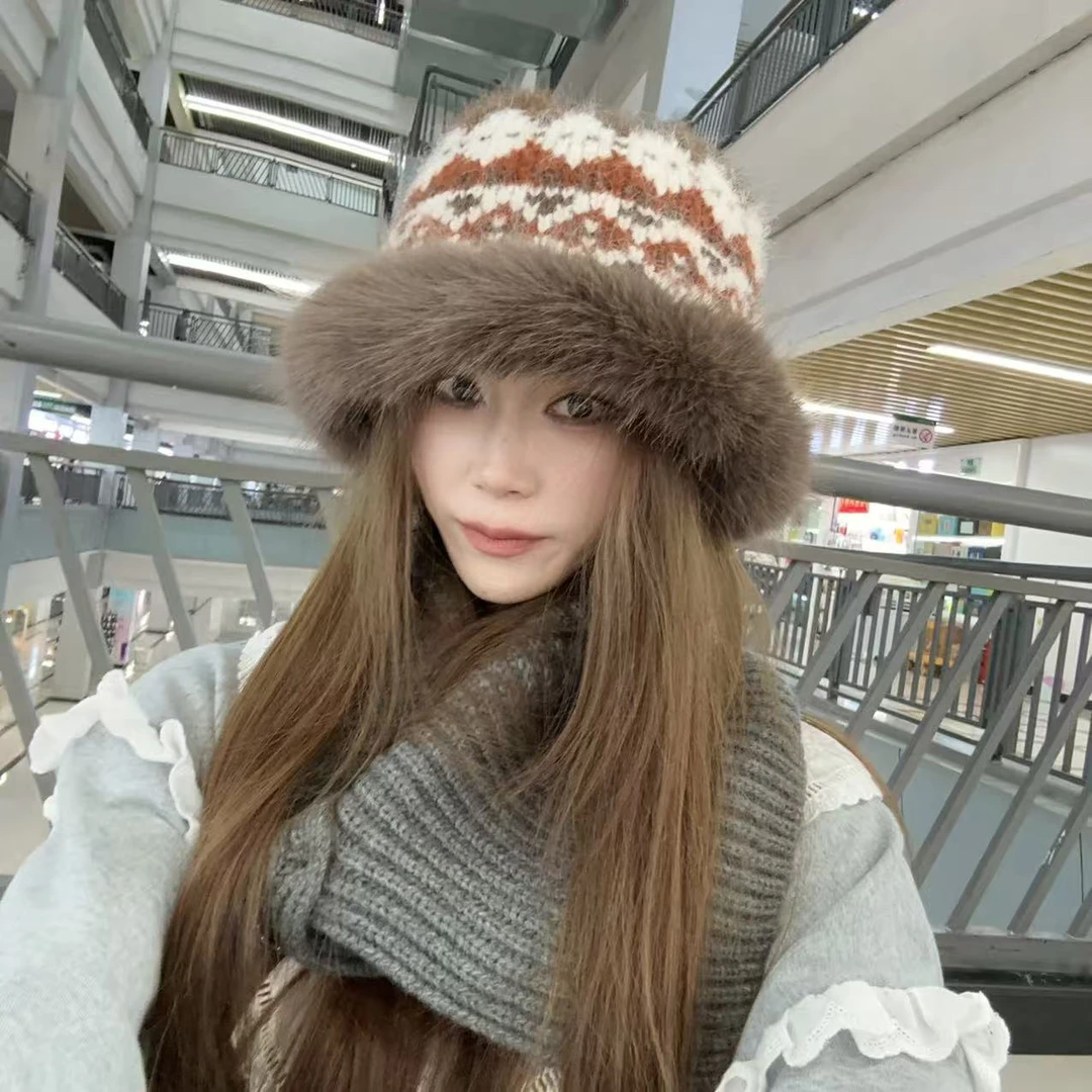 N479高级咖色费尔岛毛毛帽子