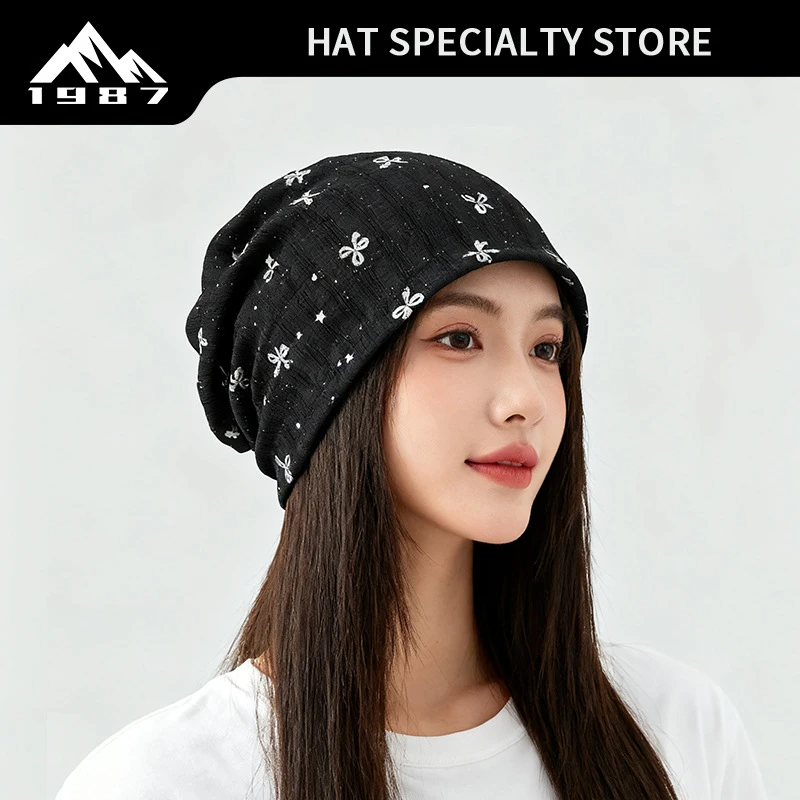轻薄精选花纹春秋薄款蝴蝶结印花双层透气帽子女2025新款爆款洋气