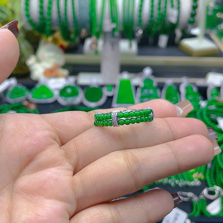 翡翠戒指银S925镶嵌买**冷圆珠戒圈