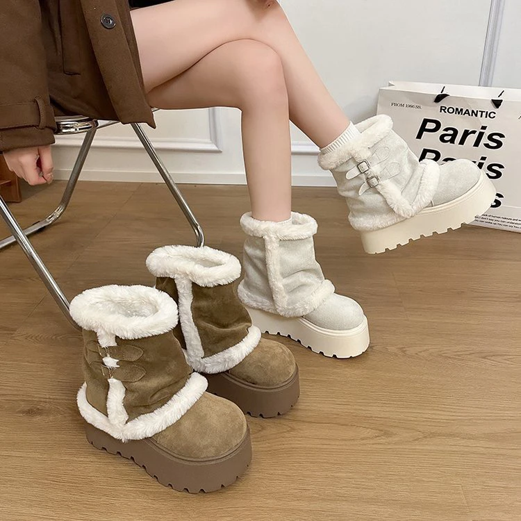 女士冬季厚底加绒保暖防滑短筒毛毛雪地靴百搭加厚