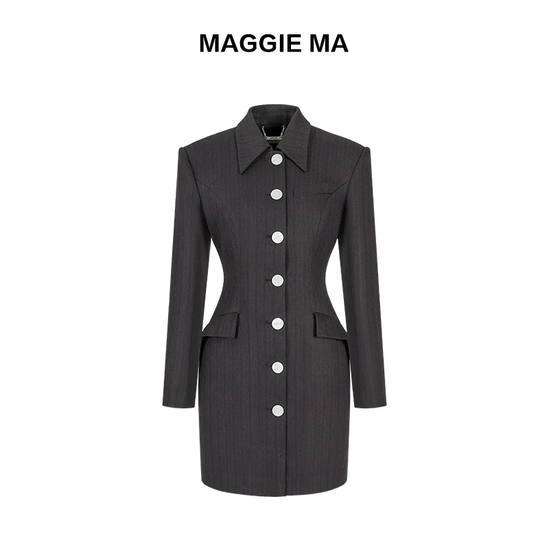 MAGGIE MA马婧设计师款黑色高雅迷人气质通勤连衣裙002D