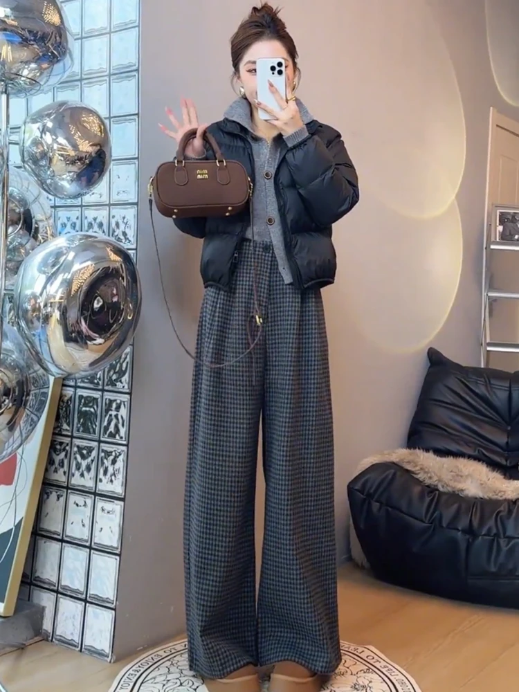 一整套韩系冬季穿搭高领针织开衫毛衣羽绒棉服时尚外套女毛呢裤女