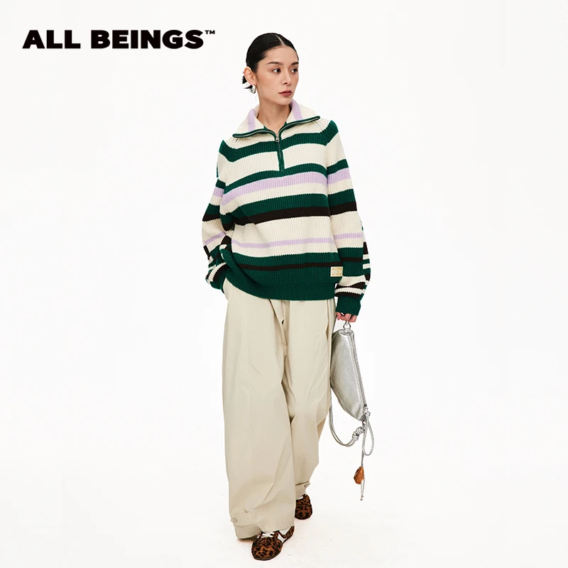 ALL BEINGS【年中折扣款】条纹拼色羊毛半拉链宽松休闲针织衫
