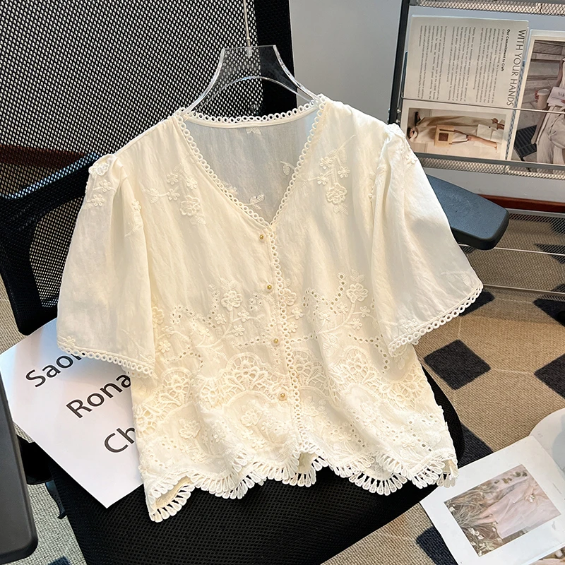 法式v领蕾丝短袖衬衫女士夏季2025新款气质减龄显瘦衬衣洋气小衫