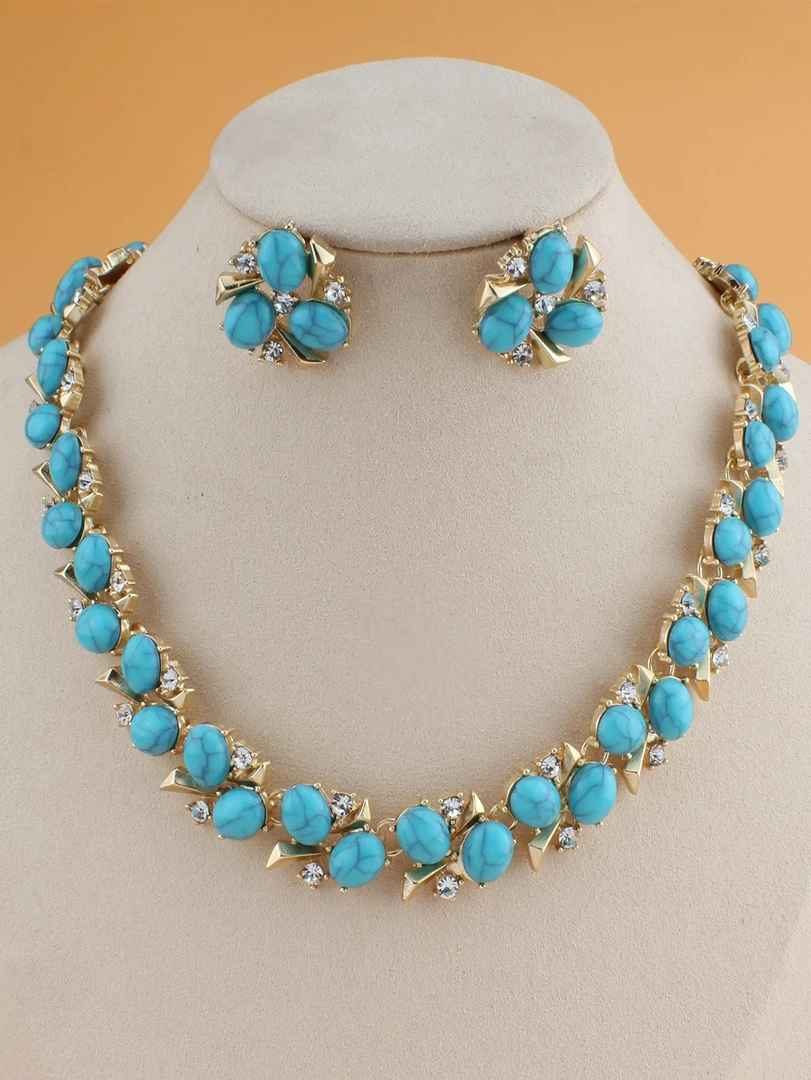 铜合金项链 中古手工气质轻奢古典深蓝走秀项链套装11884