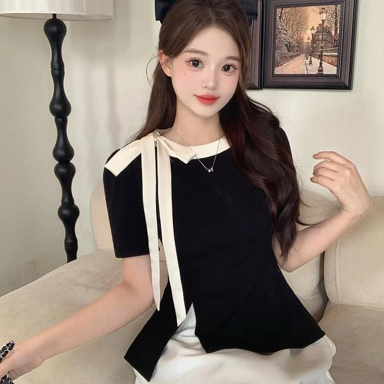 夏装新款胖mm大码女设计感撞色系带蝴蝶结开叉短袖T恤长裙套装
