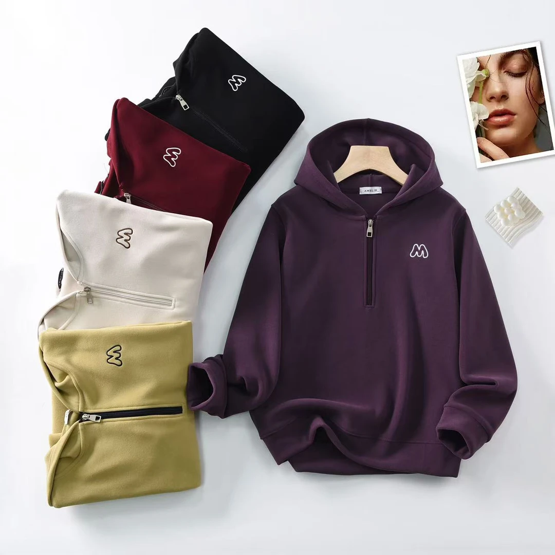 早春新款连帽卫衣 休闲宽松半拉链上衣简约气质6801
