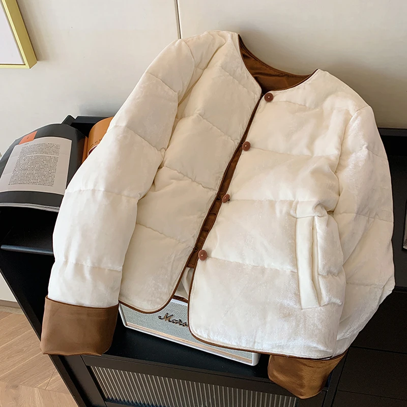 复古国风丝绒圆领短款棉服女冬季2025新款简约气质新中式保暖外套