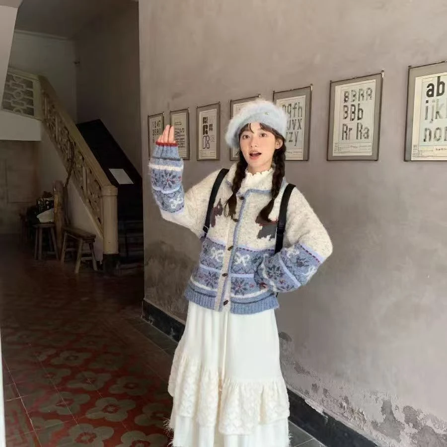 复古北欧风费尔岛超好看蓝色毛衣开衫女秋冬季加厚慵懒风针织外套