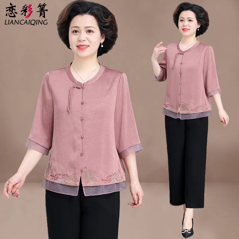 中年妈妈夏装新中式雪纺小衫2025新款中老年轻薄国风套装中袖上衣
